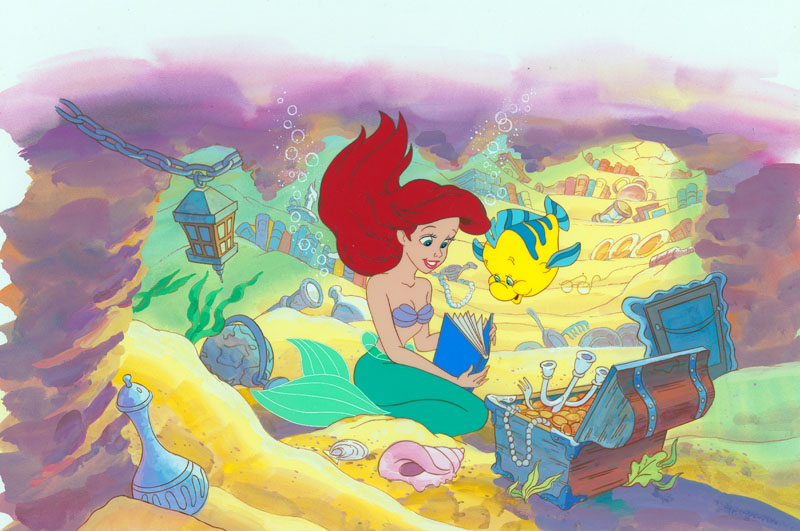 #049	ORIGINAL ARTWORK of ARIEL AND FLOUNDER WITH TREASURE CHEST 	from "ARIEL'S CHRISTMAS UNDER THE SEA' CD BOOKLET-image