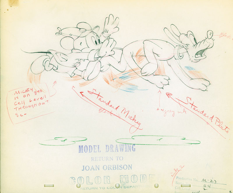 #144	COLOR MODEL DRAWINGS(2) of MICKEY, PLUTO AND GRIZZLY BEAR from THE POINTER